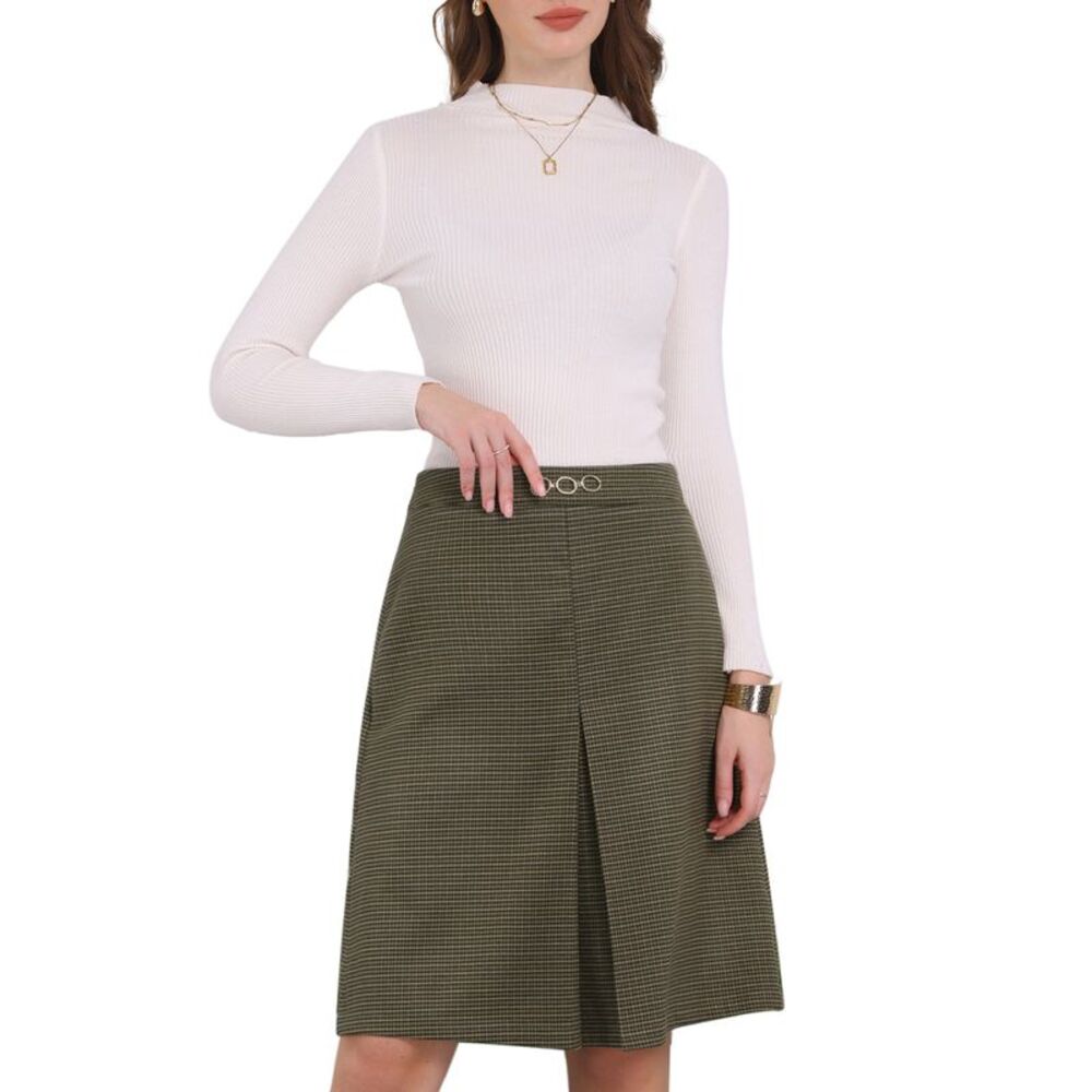 Knee Length Skirt Office High Waist Tartan Plaid Skirt Brown